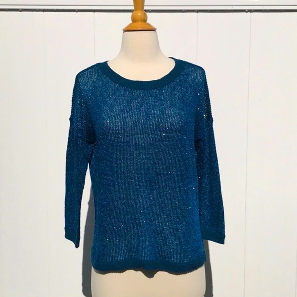 INC International Concepts 3/4 Blue Sleeve Sequin Sweater Size Small